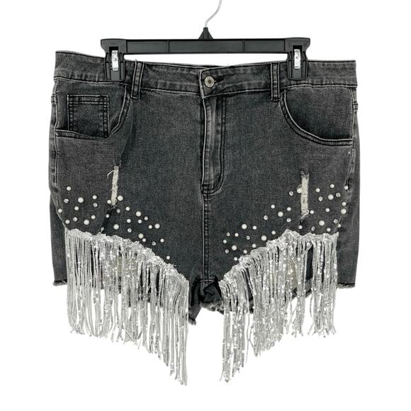 Black Stonewash Sequin Fringe Rhinestone Pearl Beads Shorts Sz XXL Stretch Denim - Picture 1 of 12
